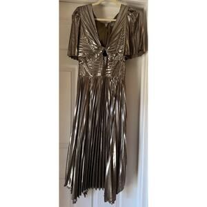 Anthropologie Short-Sleeve Metallic Cutout Midi Dress NWT Womens S Silver Party